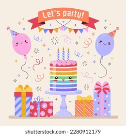 Birthday party invitation card with cute kawaii cake, cartoon balloons, confetti, colorful garland, gift ribbon tie boxes and text. Birthday party postcard with funny characters.