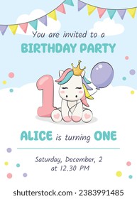 Birthday party invitation card with cute pony, balloon and number one. Vector illustration