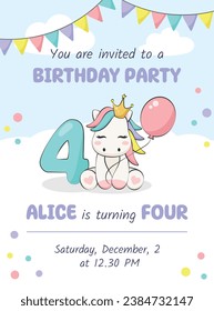 Birthday party invitation card with cute pony, balloon and number four. Vector illustration