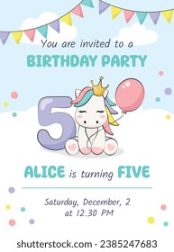 Birthday party invitation card with cute pony, balloon and number five. Vector illustration