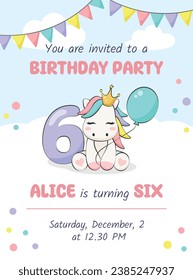 Tarjeta de invitación de fiesta de cumpleaños con poni lindo, globo y número seis. Ilustración del vector