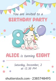 Birthday party invitation card with cute pony, balloon and number eight. Vector illustration
