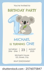 Birthday party invitation card with cute koala. First birthday party vector template