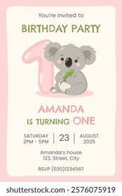 Birthday party invitation card with cute koala. First birthday party vector template