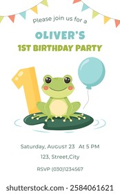 Birthday party invitation card with cute frog. First birthday party vector template