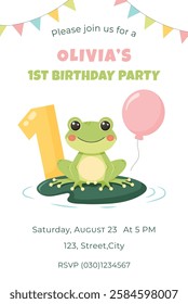 Birthday party invitation card with cute frog. First birthday party vector template