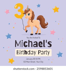 Birthday Party Invitation Card with cute Pony Flat Vector Illustration.