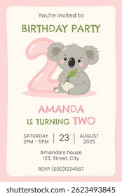 Birthday party invitation card with cute koala