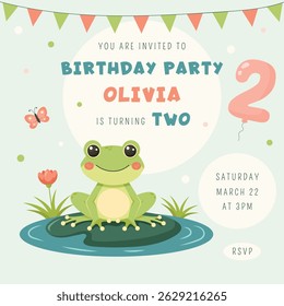 Birthday party invitation card with cute frog. Second birthday party vector template	