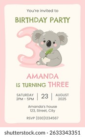 Birthday party invitation card with cute koala. Birthday party vector template	
