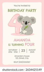 Birthday party invitation card with cute koala. Birthday party vector template	