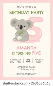 Birthday party invitation card with cute koala. Birthday party vector template