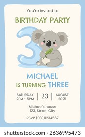 Birthday party invitation card with cute koala. Birthday party vector template
