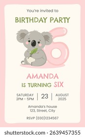 Birthday party invitation card with cute koala. Birthday party vector template	