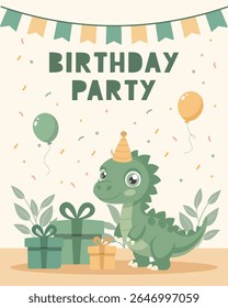 Birthday party invitation card with cute dinosaur and gifts. Birthday greeting card. Illustration for postcard, invitation, poster, print.