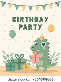 Birthday party invitation card with cute crocodile and gift box. Birthday greeting card. Illustration for postcard, invitation, poster, print.