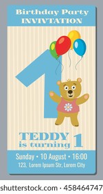 Birthday party invitation card with cute bear vector template 1 year old. Invitation to party first birthday, illustration banner invitation with bear