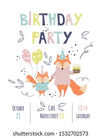 Birthday Party invitation card design and template in cartoon childish style with mom fox and son, balloons and decorative font. Vector illustration