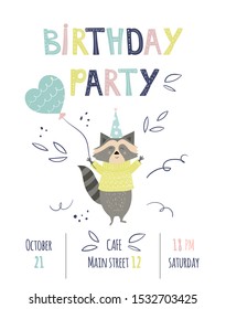 Birthday Party invitation card design and template in cartoon childish style with racoon, balloons and decorative font. Vector illustration