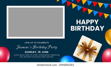 Birthday party invitation card design. Festive birthday template with balloons and photo frames. Vector illustration