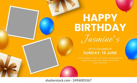 Birthday party invitation card design. Festive birthday template with balloons and photo frames. Vector illustration