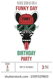 Birthday party invitation card design template with funky zebra. Template of b-day flyer in trendy cartoonish style. Vector illustration. EPS 10