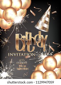 Birthday party invitation card with golden letters, party hat and others decorations. Vector illustration