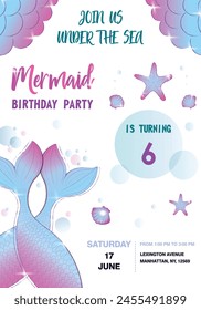 Birthday party invitation card for little girl mermaid.Mermaid tail lettering invitation.Under the sea theme party. Vector illustration.
