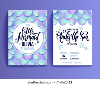 Birthday party invitation card for little girl mermaid. Holographic fish scales and lettering invitation. Sea party invitation. Vector illustration. 