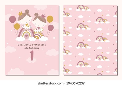 Birthday party invitation card and pattern set for little twin girls or sisters. Princess and rainbow themed party invitation template.