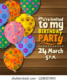 Birthday party invitation card with patterned flat balloons on wooden background. Vector.