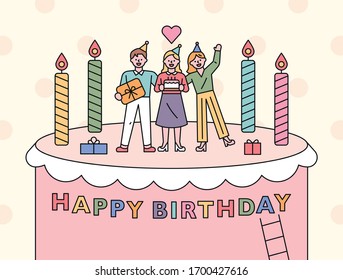 Birthday party invitation card. People are celebrating a birthday by standing on a giant cake. flat design style minimal vector illustration.