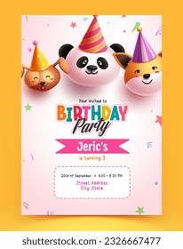 Birthday party invitation card poster design. Happy birthday greeting text with animal character party theme. Vector illustration invitation card template. 