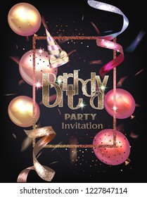 Birthday party invitation card with realistic beautiful curly gold ribbon, confetti and air balloons. Vector illustration 