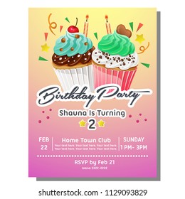 birthday party invitation card with sweet slice muffin cake