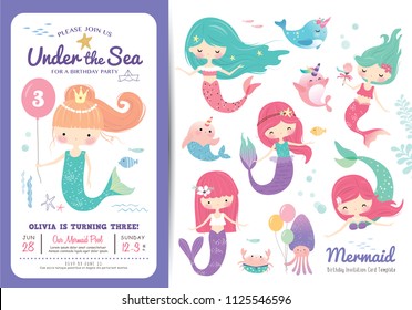 Шаблон пригласительной карточки на день рождения с милой русалкой, персонажем морской жизни мультфильма и юбилейными номерами