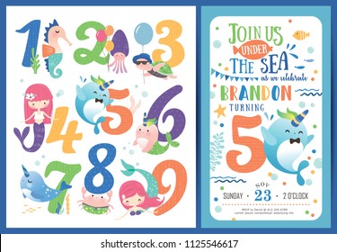 Birthday party invitation card template with cute little mermaid, marine life cartoon character and birthday anniversary numbers