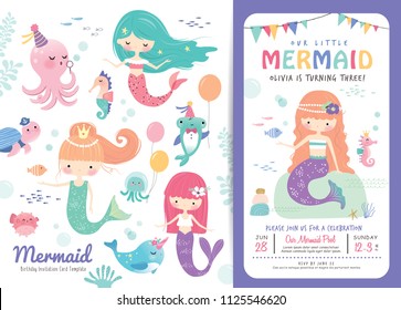 Birthday party invitation card template with cute little mermaids and marine life cartoon character
