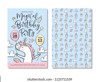 Birthday party invitation card template with cute unicorn and hand written text.