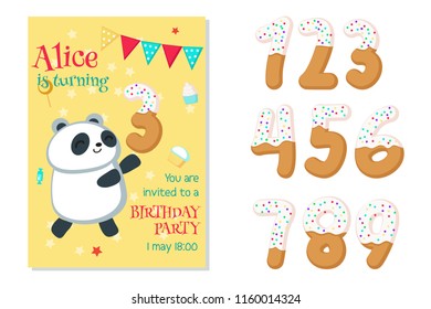 Birthday party invitation card template numbers from one to nine. Vector hand drawn illustration of cute panda with number three shaped cake.