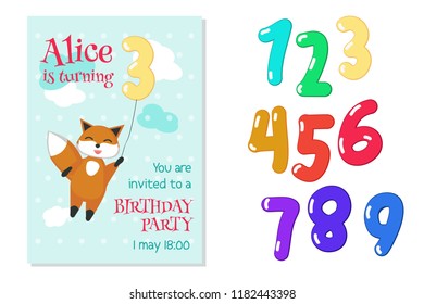 Birthday party invitation card template with numbers from one to nine. Vector hand drawn illustration of cute fox flying on number three balloon.