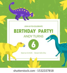 Birthday Party Invitation Card Template, Banner, Placard or Flyer with Cute Dinosaurs Vector Illustration