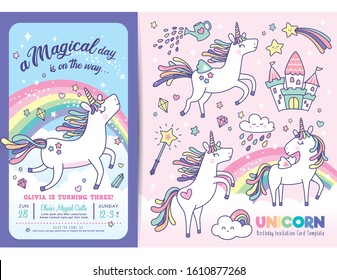 Birthday Party Invitation Card Template With Cute Little Unicorns, Rainbow And Magical Elements 