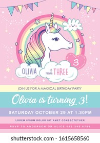 Birthday party invitation card template with a beautiful unicorn and rainbow background