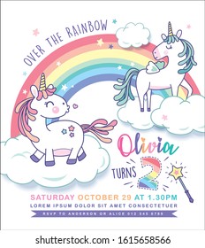 Birthday party invitation card template with two cute unicorns and rainbow background