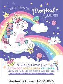 Birthday party invitation card template with a cute little unicorn and rainbow background	