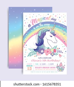 Birthday Party Invitation Card Template With A Magical Unicorn And Rainbow Background