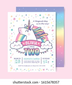 Birthday Party Invitation Card Template With A Cute Unicorn And Rainbow Background