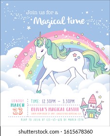 Birthday party invitation card template with a magical unicorn and rainbow background