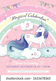 Birthday Party Invitation Card Template With A Magical Unicorn And Rainbow Background